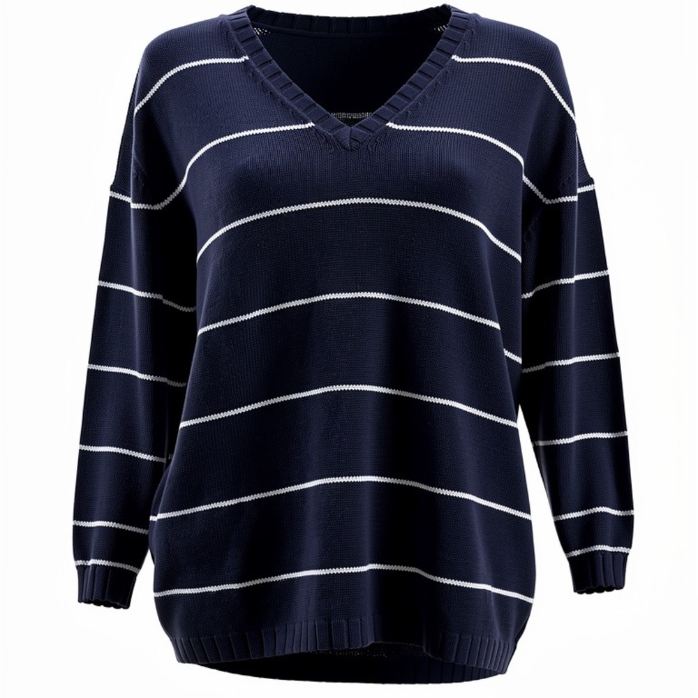 White Stag Vintage sweater Navy Blue White stripes ribbed cotton V Neck size LG - Picture 2 of 13